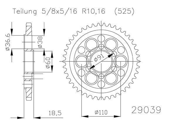 Couronne Acier - 525 - 41 Dents - Made in Germany