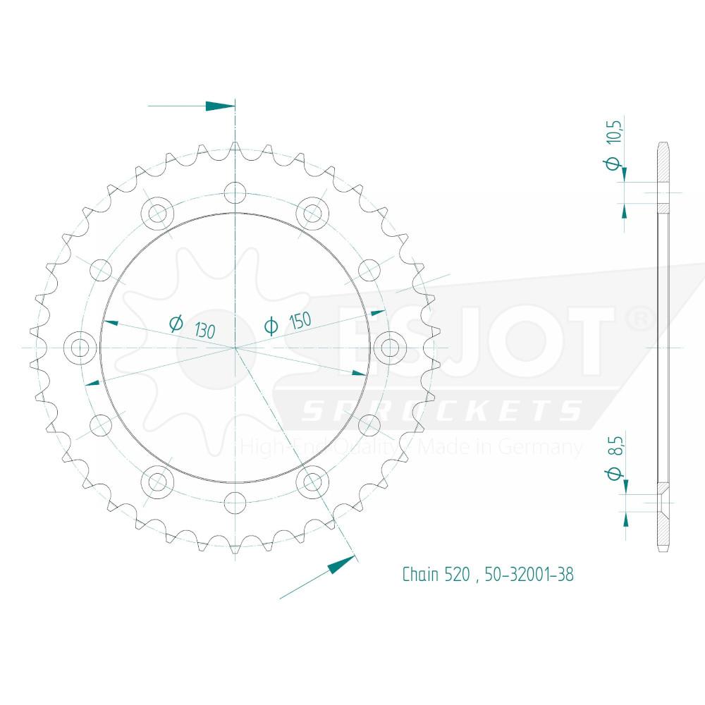 Couronne Acier TT Honda - 520 - 38 Dents - Similaire JTR245/2 - Made in Germany