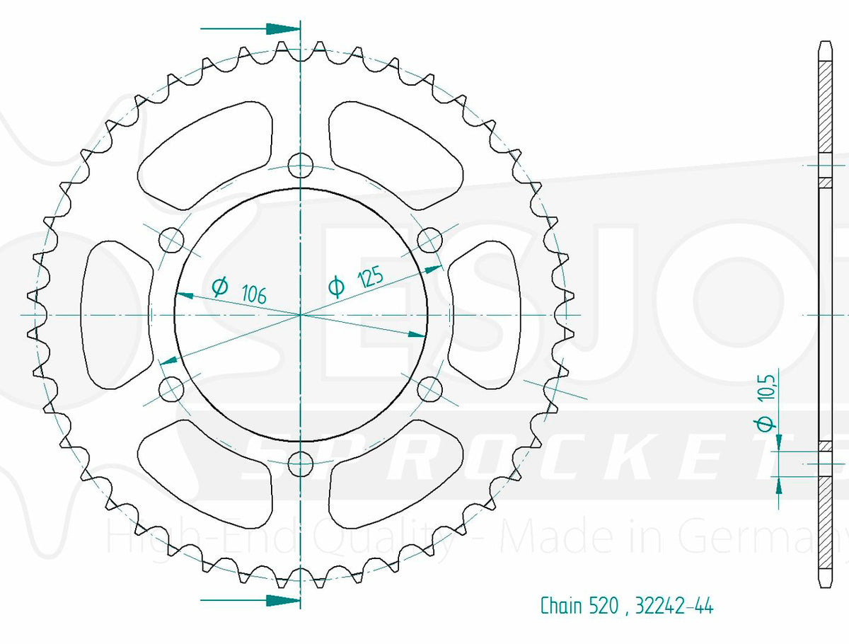 Couronne Acier - 520 - 44 Dents - Made in Germany