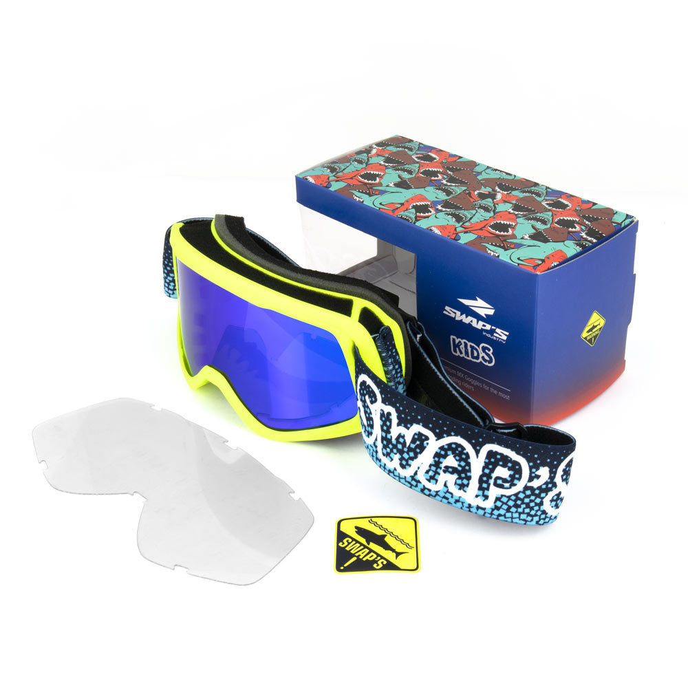 Masque Cross BUBBLE KID - JAUNE FLUO - Bandeau BLEU - Ecran Iridium Bleu