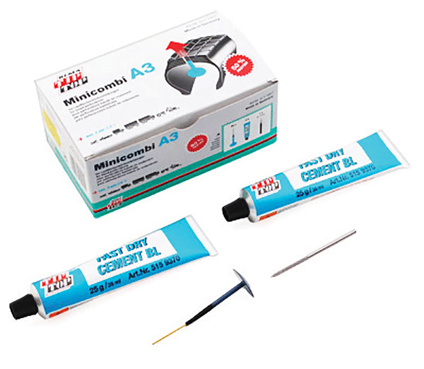 Kit Réparation Pneu Atelier - Champignon - 25 Minicombi A3 + 1 Fraise Ø3mm + 2 Tubes de Colle 25g