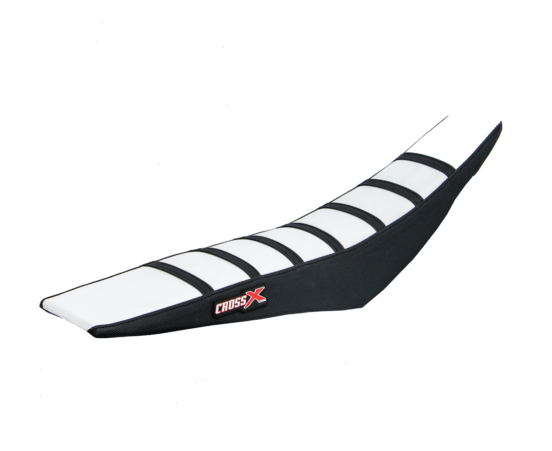 HOUSSE DE SELLE  KAWASAKI KX 85-100 - TOP WHITE- SIDE BLACK-STRIPES BLACK 