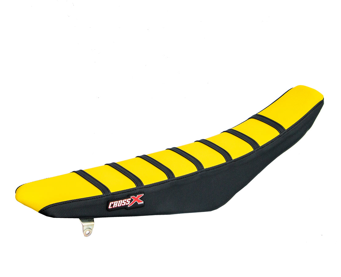 HOUSSE DE SELLE SUZUKI RM 125 TOP YELLOW- SIDE BLACK-STRIPES BLACK 